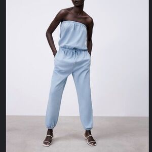 ZARA WOMEN WASHED EFFECT LONG JUMPSUIT SIZE S LIGHT BLUE